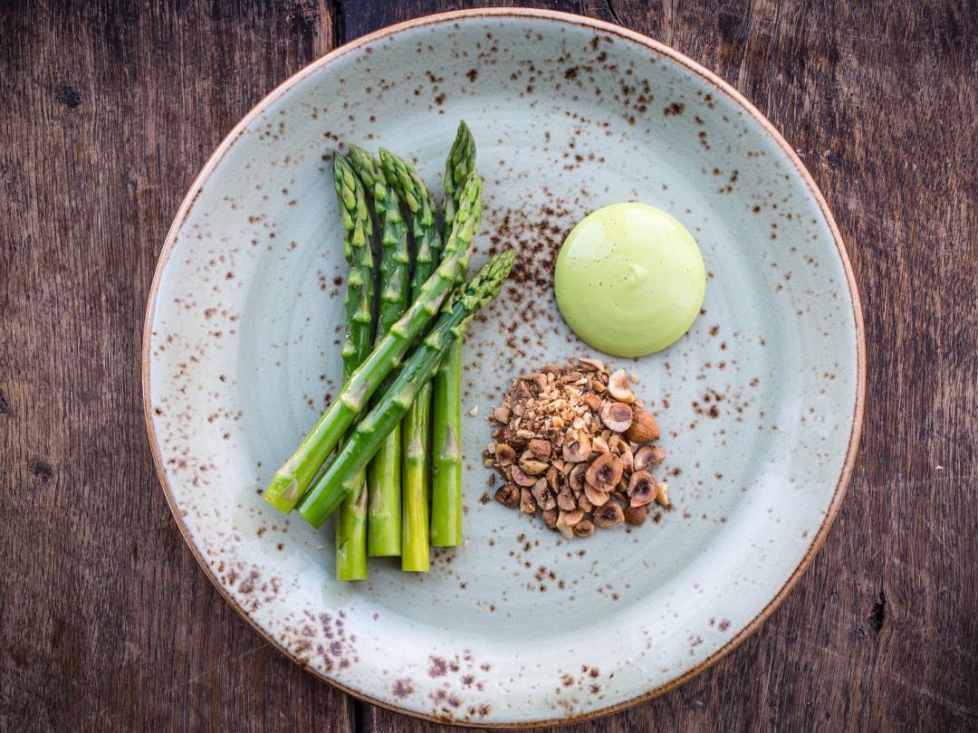 Wye Valley asparagus wild garlic mayo hazelnuts