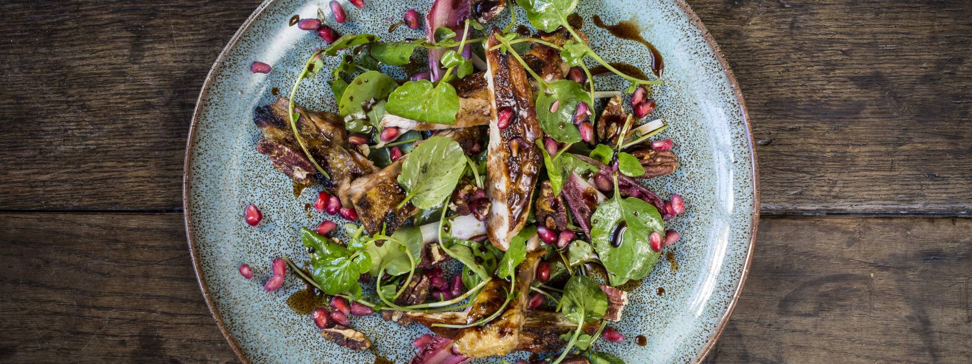 Grilled pheasant salad pomegranate wet walnuts port dressing 1 web