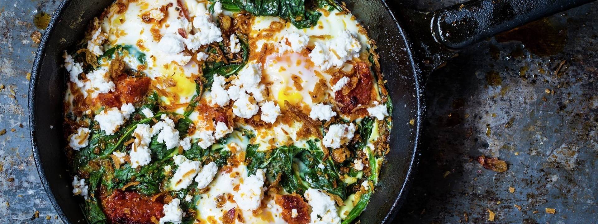 vb698322 Baked eggs spicy chorizo spinach crispy onions ricotta 1 