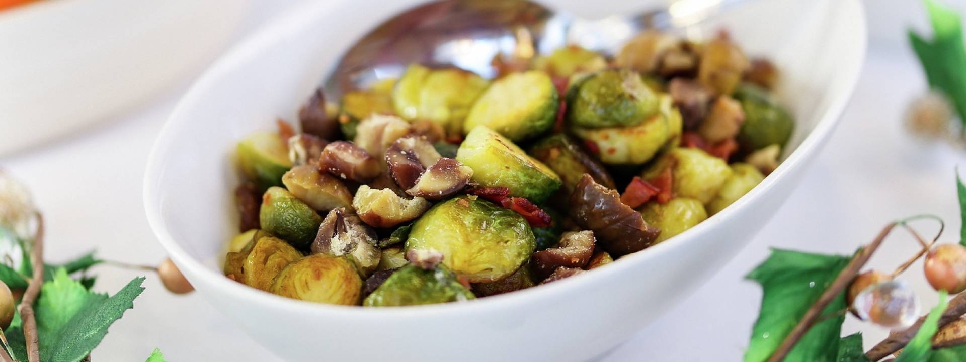 Christmas Brussels sprouts with bacon and chestnuts landscape